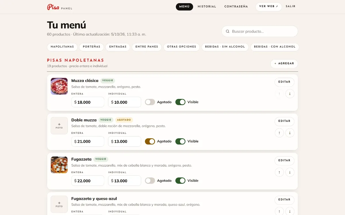 Panel de Pisa: la lista de productos del menú con precios, fotos e interruptores de agotado y visible.