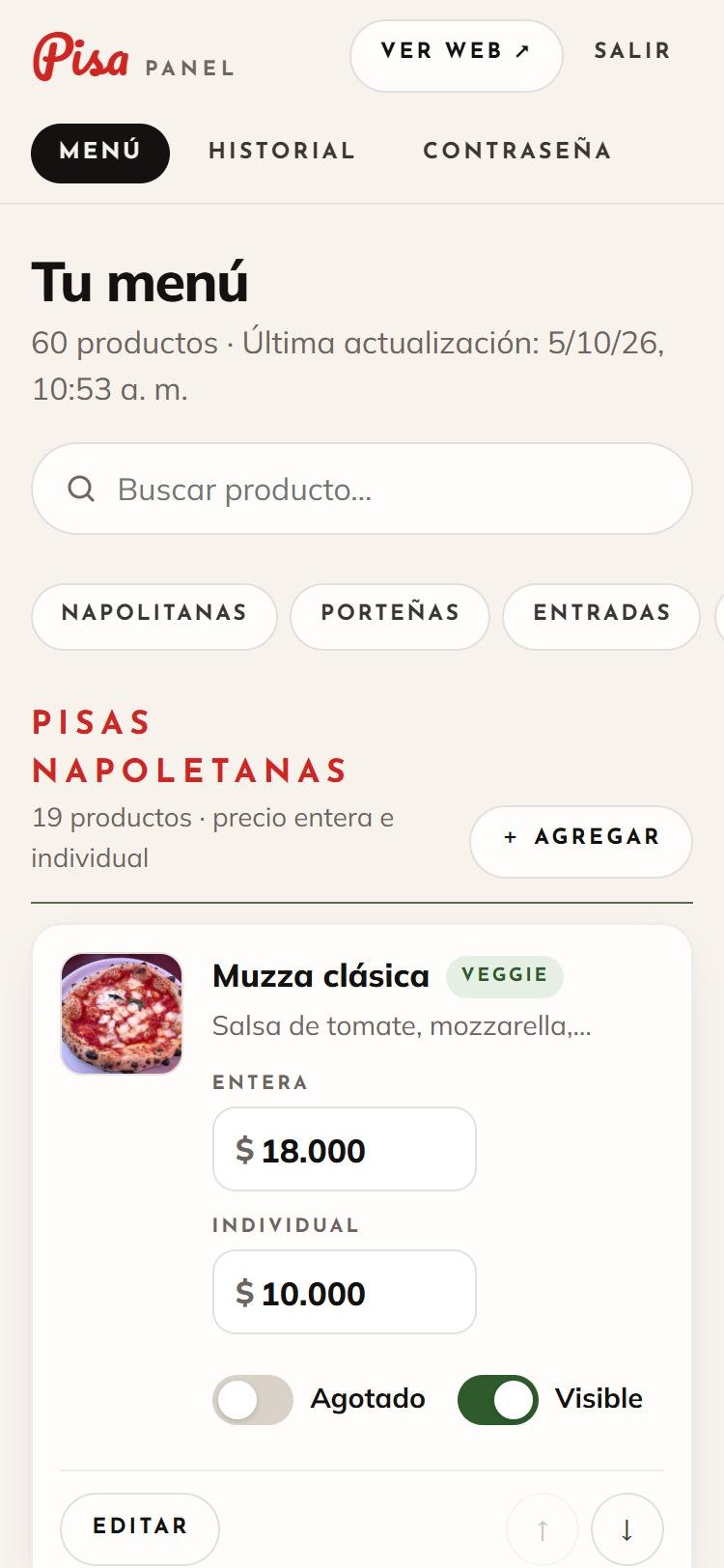 Panel de Pisa en un teléfono con la lista de productos para editar.