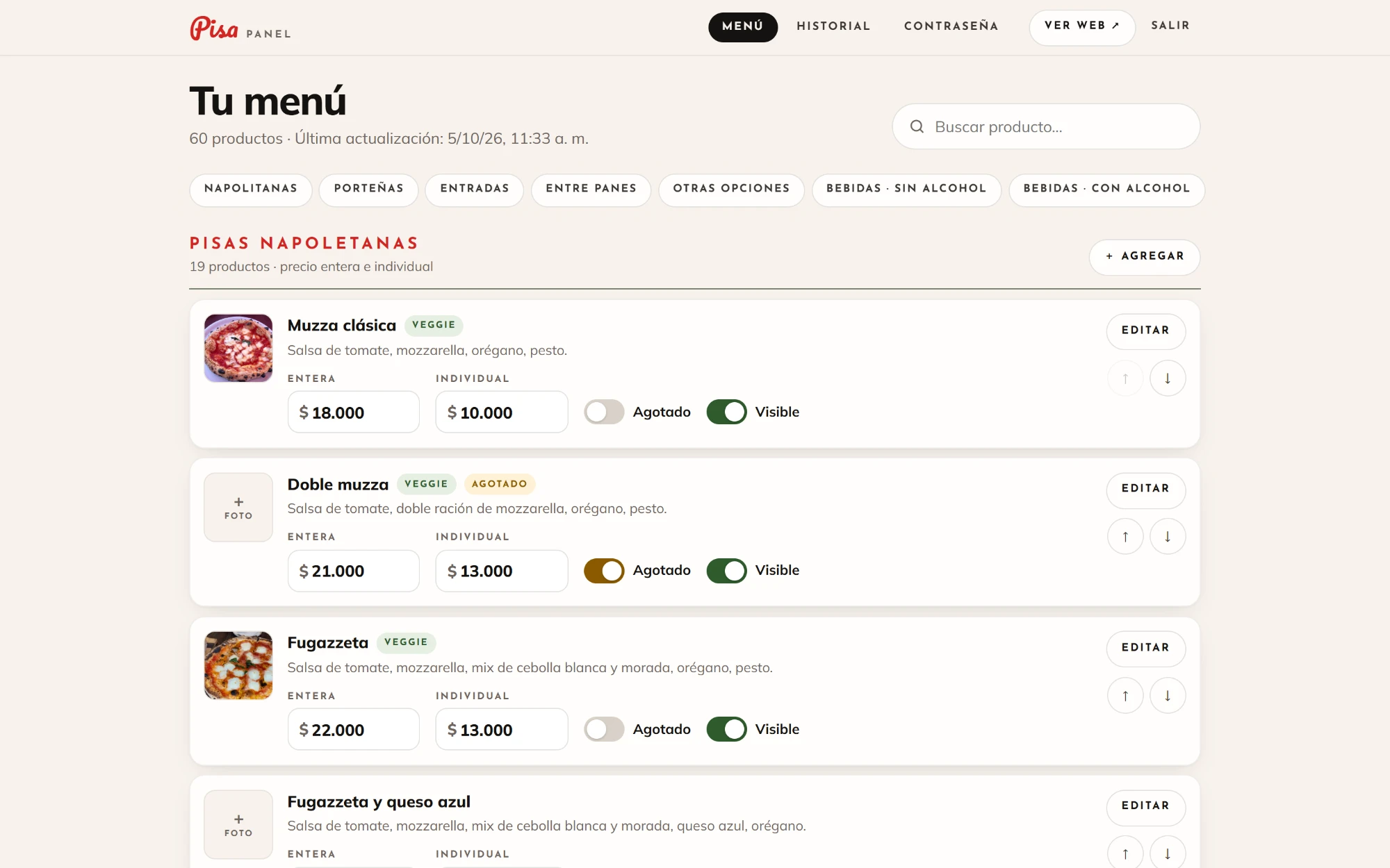 Panel de Pisa con la lista de pizzas napolitanas, sus precios y los interruptores de agotado y visible.