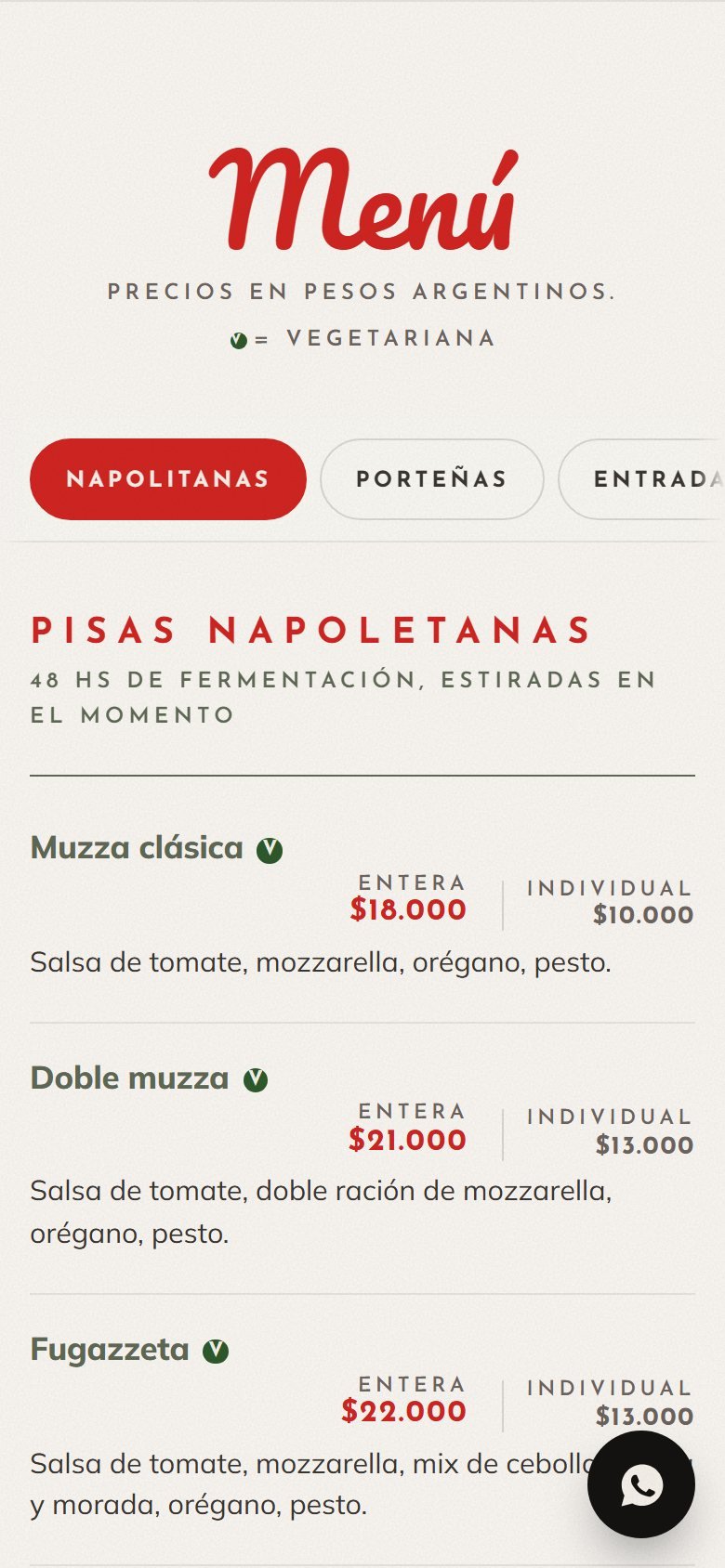 Menú del sitio de Pisa en un teléfono: pestañas de categorías y precios entera e individual.