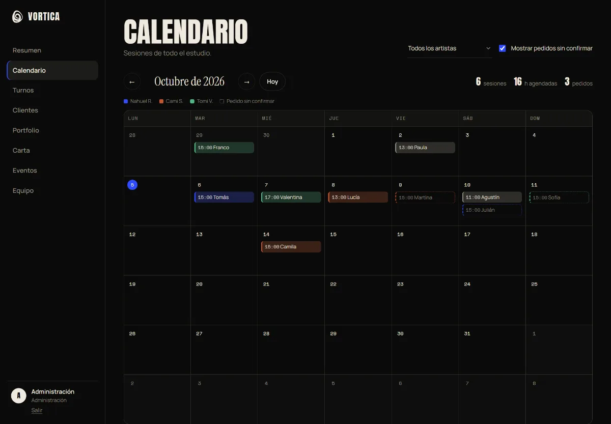 Calendario del panel de Vortica, con un color por tatuador. Datos de demostración.