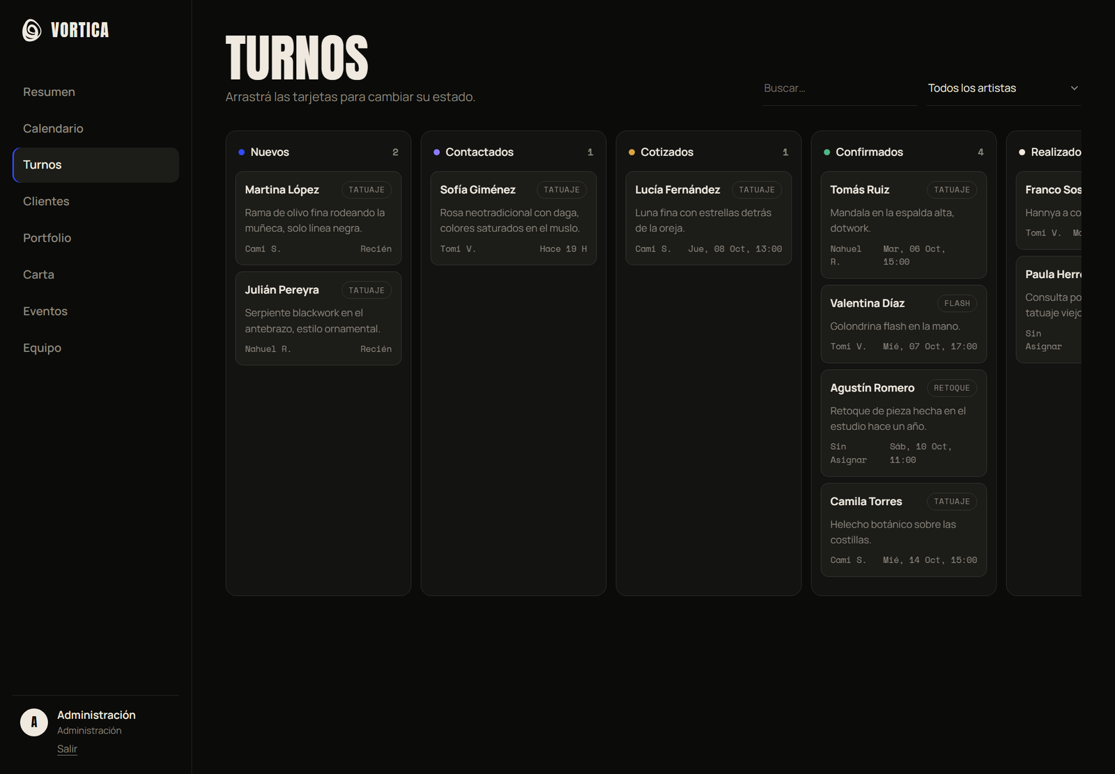 Tablero de turnos del panel de Vortica con columnas Nuevos, Contactados, Cotizados, Confirmados y Realizados.